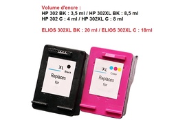 Elios 302XL kit 2 cartouches BK + C ( Remplace HP302 / 302XL )